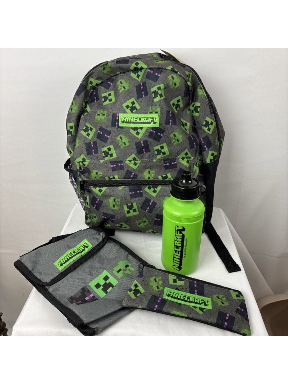Minecraft 16” Backpack Lunch Bag Set 4 Pc Black Green Pencil Bag Water Bottle